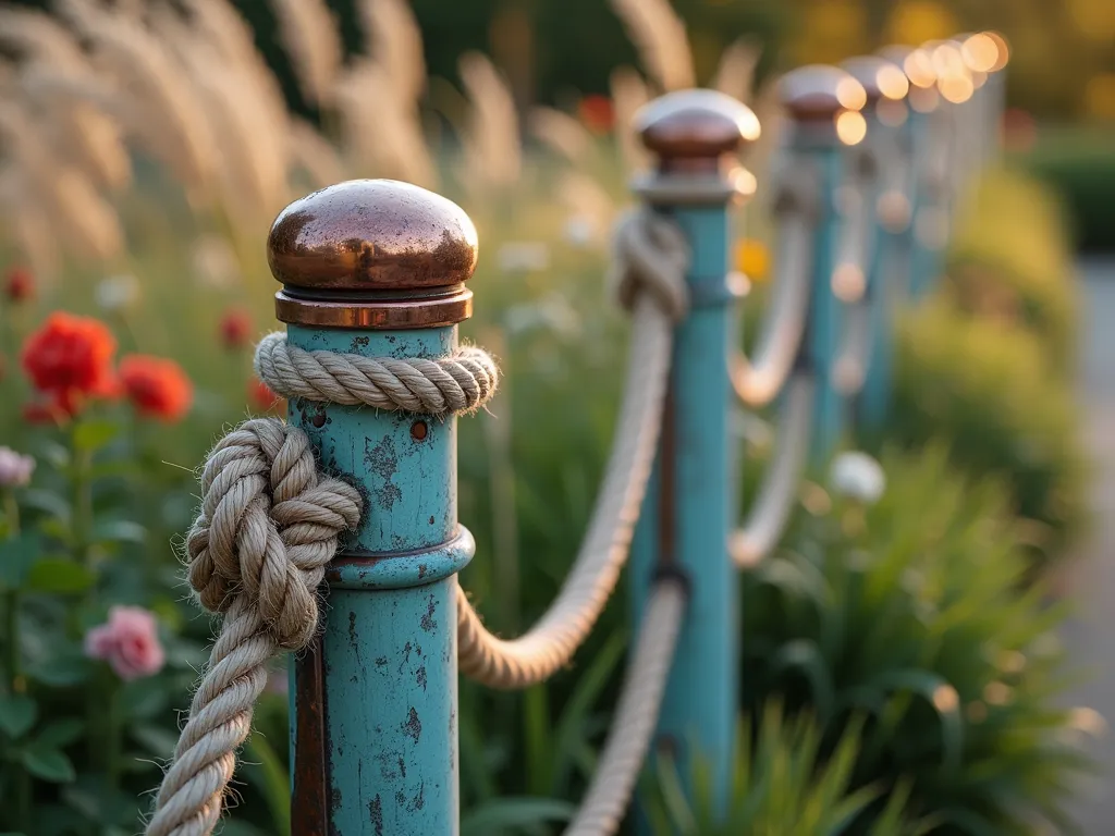 Copper and Rope Nautical Garden Border - A stylish garden border featuring weathered copper pipes as posts connected by natural twisted rope in a nautical style. The copper posts show a beautiful blue-green patina, creating an elegant contrast against the beige manila rope. Close-up view showing the intricate rope knots and the textural detail of the aged copper. Soft evening lighting enhances the metallic highlights of the copper posts. Garden flowers and ornamental grasses sway gently behind the fence, creating a dreamy coastal atmosphere. Photorealistic, architectural detail, shallow depth of field.