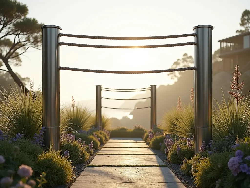 Ethereal Floating Rope Garden Divider - A serene garden scene with elegant stainless steel posts supporting three horizontal nautical ropes floating at different heights, creating an airy garden divider. Soft morning light filters through the minimalist design, casting gentle shadows on a path below. On one side, ornamental grasses sway in the breeze, while the other features a collection of coastal perennials. The ropes appear to float weightlessly, stretched taut between modern cylindrical posts, with a subtle coastal mist in the background adding depth and atmosphere. Photorealistic, high-end landscape design, architectural photography style.