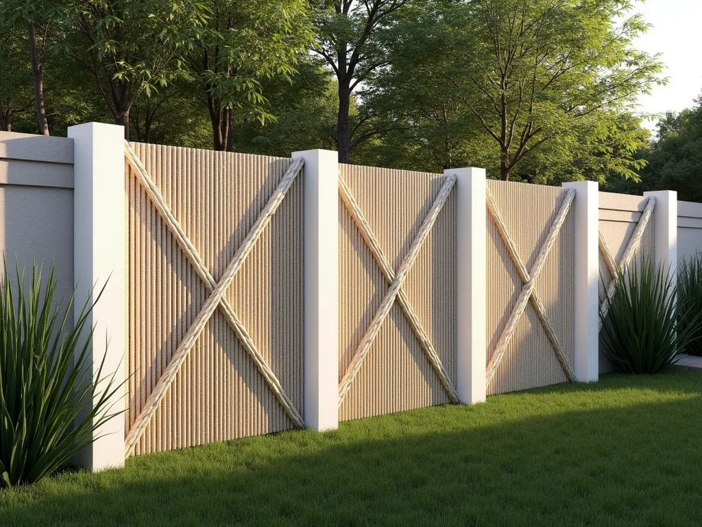 Modern Geometric Rope Screen Garden Divider - A stylish modern garden fence made of white posts with an intricate geometric pattern created by taut nautical rope in a natural beige color. The rope forms clean diamond and triangular shapes between posts, creating an artistic screen effect. Soft evening lighting casts dramatic shadows through the rope patterns onto a well-manicured lawn. Modern architectural plants like tall bamboo and ornamental grasses provide a contemporary backdrop, photorealistic, architectural photography style