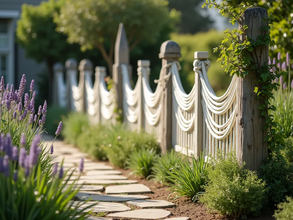 Hammock-Style Garden Rope Border - A charming garden border with nautical-style white rope woven in relaxed hammock patterns between weathered wooden posts, creating an artistic wavy pattern. Natural sunlight filters through the rope sections, casting gentle shadows on a lush garden path. Coastal ornamental grasses and lavender sway in the foreground, while climbing jasmine delicately intertwines with the rope. Photorealistic, soft morning light, shallow depth of field, f/2.8, architectural photography style.