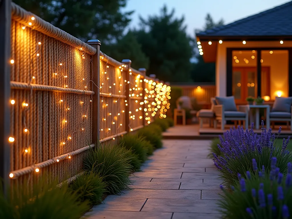 Twilight Rope Fence with LED Illumination - A magical garden scene at dusk featuring a rustic nautical rope fence where warm LED string lights are elegantly intertwined with thick manila ropes. The illuminated fence creates a soft, golden glow along a curved garden pathway. Modern deck posts support the rope sections, while lush coastal grasses and lavender sway gently in the foreground. The ambient lighting casts gentle shadows on a nearby wooden deck area with comfortable seating. Photorealistic, cinematic lighting, architectural photography style.