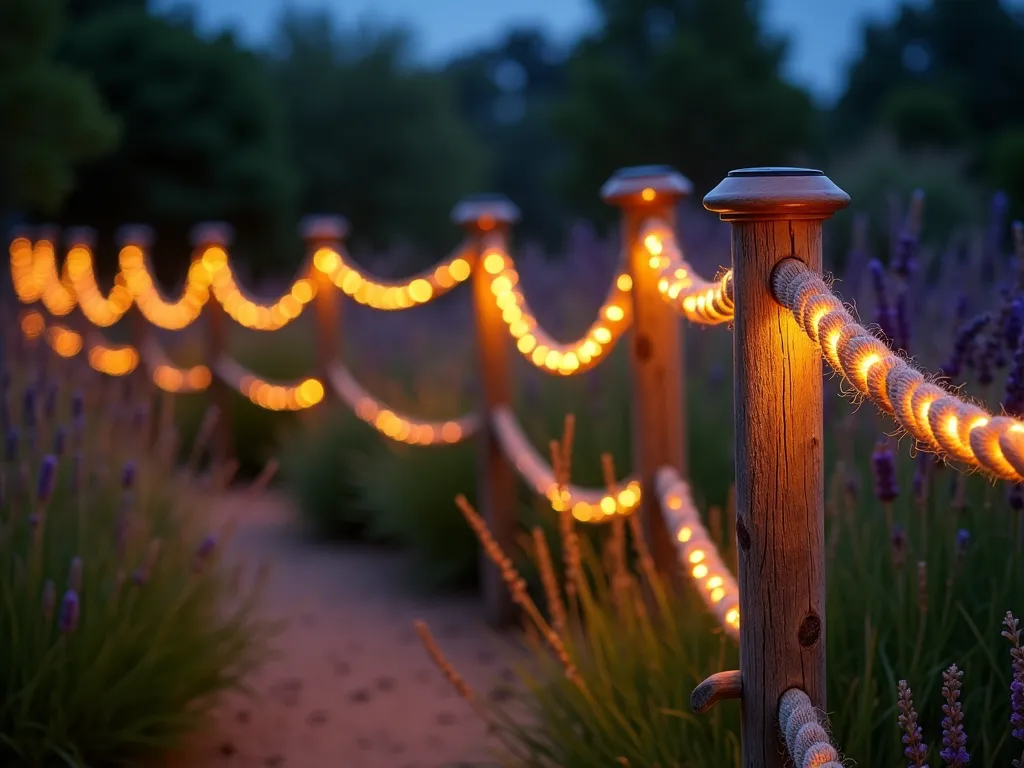 Illuminated Nautical Rope Fence at Twilight - A charming garden rope fence at dusk, featuring thick nautical ropes elegantly strung between wooden posts topped with glowing copper solar post caps. Warm solar rope lights are delicately intertwined with the main rope sections, creating a magical evening ambiance. The fence casts a soft, golden glow across a garden path lined with ornamental grasses and lavender. The scene is captured during the blue hour, with the illuminated fence creating beautiful light reflections on the surrounding landscape. Photorealistic, atmospheric lighting, depth of field, cinematic composition.