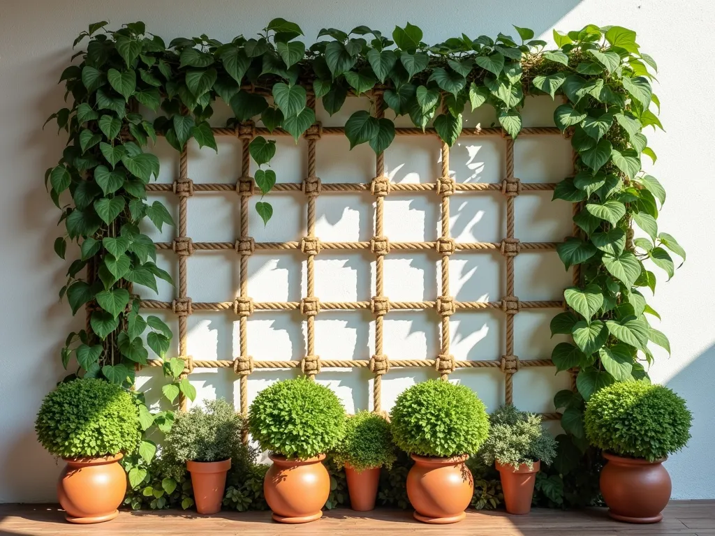 Living Rope Wall Garden with Climbing Plants - A stunning garden wall made of thick nautical ropes arranged in a symmetrical grid pattern against a white wall, creating squares approximately 12 inches apart. Various cascading plants including pothos, philodendrons, and flowering jasmine weave through the rope grid. The plants create a lush, living tapestry effect with different shades of green foliage. Sunlight filters through the leaves, casting intricate shadows. The rope is natural manila colored, giving a rustic coastal feel. The bottom features decorative terra cotta pots with new climbing plants starting their journey upward. Photorealistic, architectural photography style, soft natural lighting.