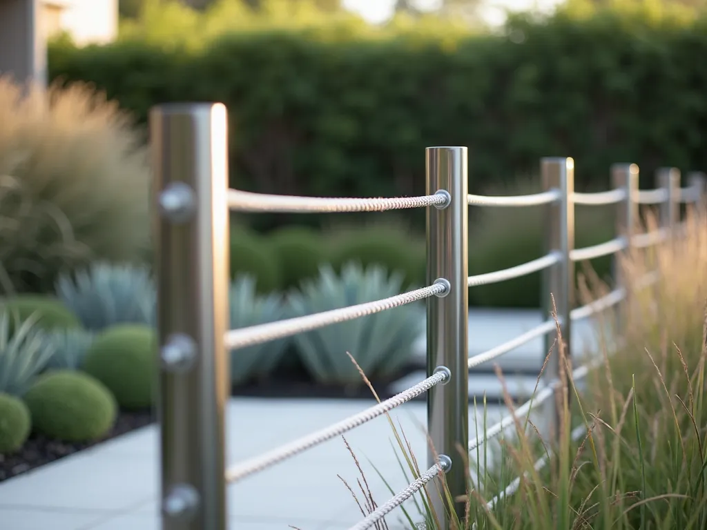 Modern Steel and White Rope Garden Fence - A sleek and minimalist garden fence featuring polished stainless steel posts connected by pristine white nautical rope, photographed in soft natural light. The clean, geometric design creates elegant parallel lines against a blurred modern garden background. The thin rope is expertly threaded through the steel posts at even intervals, creating a sophisticated boundary that appears to float. Architectural succulents and ornamental grasses provide subtle texture in the background. High-end architectural photography style, showing the interplay of light on the metallic surfaces.