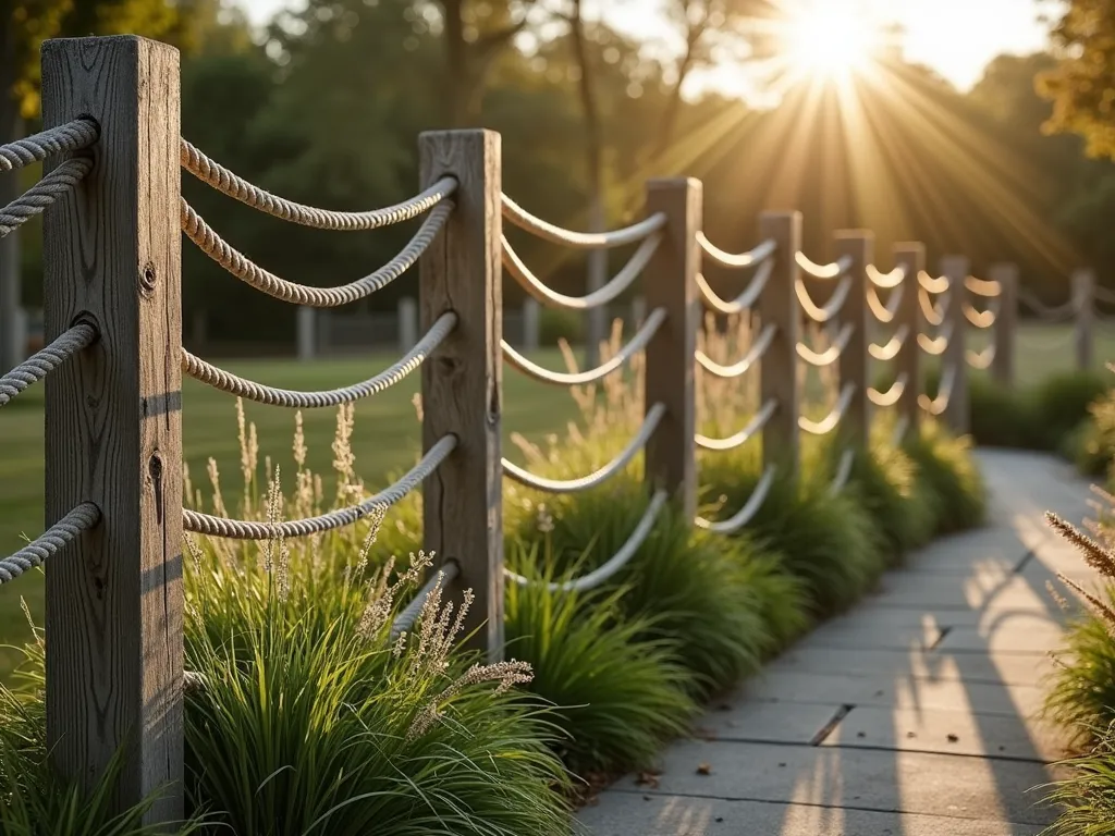 Nautical Mixed Material Garden Fence - A sophisticated garden boundary featuring weathered wooden posts connected by twisted nautical rope and steel cable wire, creating an elegant maritime-inspired fence design. Natural sunlight filters through the mixed materials, casting intricate shadows on a lush garden path. The fence combines rustic timber, marine-grade rope, and metal elements in a harmonious coastal design, photographed during golden hour with soft lighting and shallow depth of field.