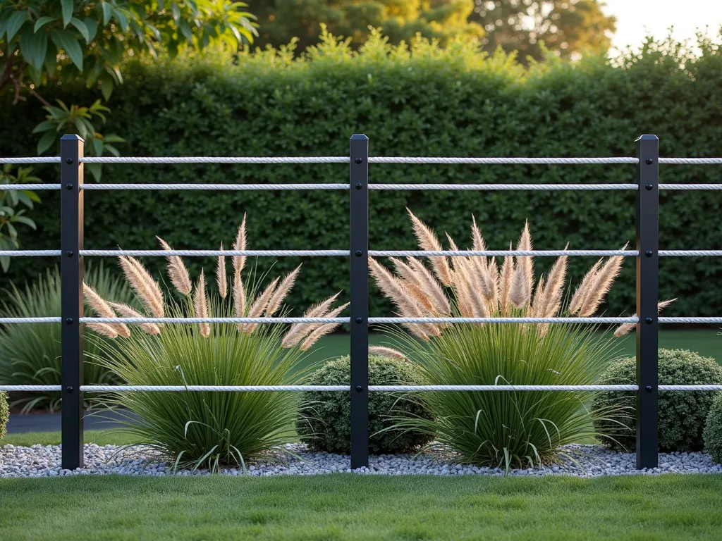 Modern Metal and Rope Garden Fence - A sleek and contemporary garden fence featuring matte black powder-coated metal posts connected by pristine white marine-grade rope running horizontally. The minimalist design creates clean lines against a lush garden backdrop. The fence stands approximately 4 feet tall with evenly spaced metal posts, while three parallel rope lines create an elegant barrier. Soft evening lighting highlights the industrial-meets-nautical aesthetic, casting subtle shadows. Modern ornamental grasses sway gently beside the fence, their texture contrasting with the fence's geometric precision.