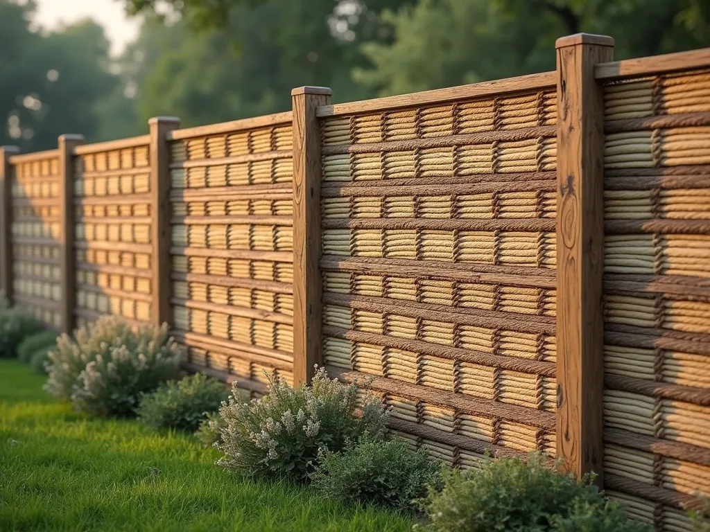 Natural Fiber Rainbow Rope Fence - A beautiful garden fence made with alternating horizontal rows of natural fiber ropes in subtle earthy tones, featuring manila, hemp, and sisal ropes creating a gentle ombre effect from golden wheat to warm brown. The ropes are tightly woven between wooden posts, with each type of rope showing its distinct natural texture and sheen. Soft natural lighting highlights the varied textures and subtle color transitions. The fence has a refined nautical aesthetic while maintaining an organic, natural appearance. Photorealistic, high detail, warm lighting, architectural photography style.