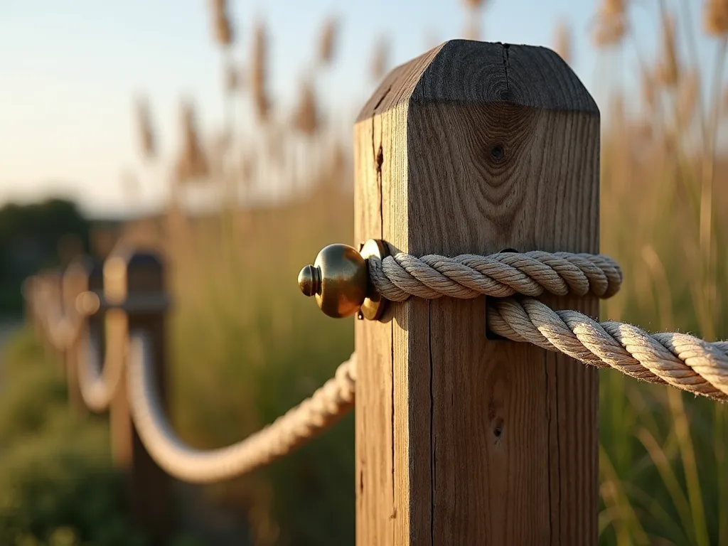 Nautical Cleat Post Fence Detail - Close-up professional photograph of an elegant wooden fence post topped with a polished brass boat cleat, nautical rope elegantly wrapped around it, set in a coastal garden. The post is weathered cedar with a rich patina, the rope is natural manila in a figure-eight pattern. Soft afternoon sunlight casts warm shadows, ornamental grasses sway in the background creating a dreamy maritime atmosphere. Photorealistic, high detail, cinematic lighting.