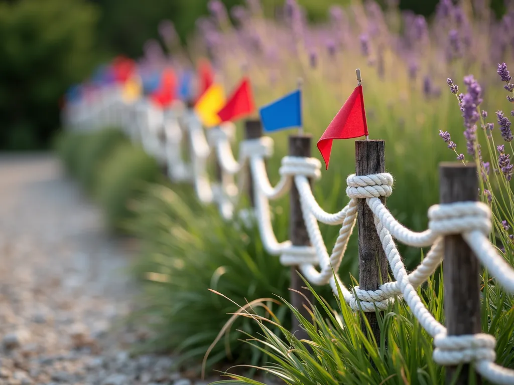 Nautical Flag and Rope Garden Border - A charming garden border featuring white nautical rope fencing with colorful nautical signal flags elegantly spaced between posts. The rope is professionally knotted in sailor's knots around weathered wooden posts. The flags display vibrant reds, blues, and yellows against a backdrop of coastal grasses and lavender. Low-growing seaside plants and ornamental grasses sway beneath the rope border, creating a cohesive maritime atmosphere. Shot in warm, natural daylight with a shallow depth of field.