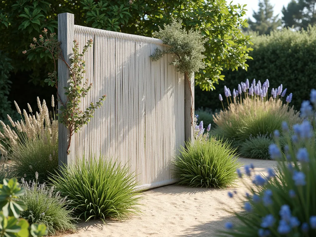 Nautical Rope Garden Room Divider - A stylish freestanding garden screen made of thick white nautical ropes stretched between weathered wooden posts, creating an elegant room divider in a coastal garden setting. Climbing jasmine and beach grass weave through the ropes, with coastal flowers in soft blues and whites in the background. Natural sunlight filters through the rope screen, casting artistic shadows on a sandy-colored garden path. Scene features a mix of ornamental grasses and coastal perennials on both sides of the divider, creating distinct garden zones with a sophisticated maritime aesthetic.