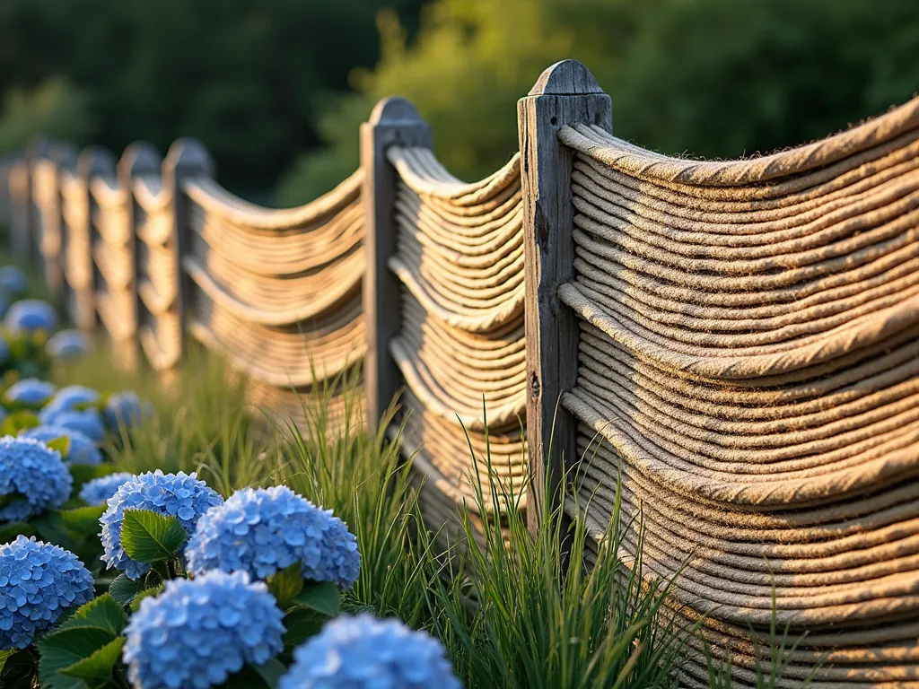 Nautical Wave Rope Fence with Coastal Garden - A beautiful garden fence made with natural manila rope woven in elegant wave patterns between weathered wooden posts, creating a flowing nautical design. The rope waves undulate horizontally like ocean swells, casting gentle shadows. Coastal grasses and blue hydrangeas sway in the foreground, while the afternoon sun creates a warm, golden ambiance. The fence has a sophisticated beach-inspired aesthetic with perfectly tensioned rope showing clear wave curves, photographed in high detail with soft natural lighting.