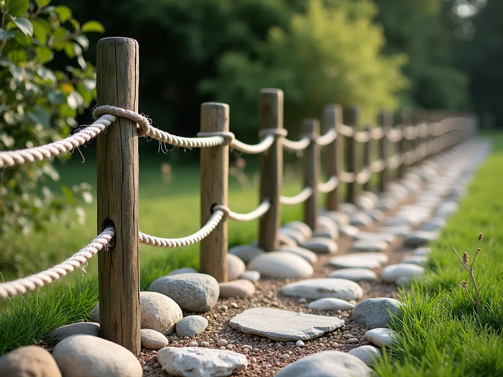 Nautical Rope Fence with River Rock Foundation - A charming garden fence made of thick nautical rope strung between wooden posts, with a natural river rock base foundation meandering along its length. The rocks are varied in size and color, from gray to tan, creating an organic flow. Soft afternoon lighting casts gentle shadows across the weathered rope and smooth stones. High-resolution, photographic style, landscape orientation.