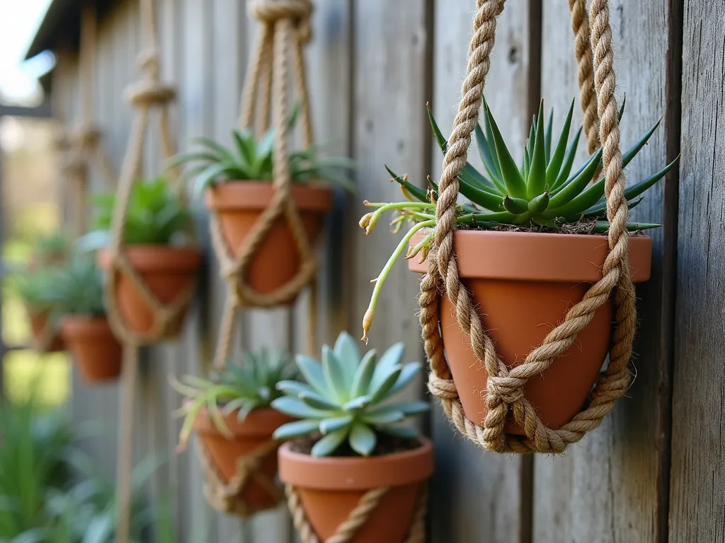 Nautical Rope Planter Wall with Succulents - A beautifully arranged vertical garden display featuring rustic manila ropes hanging against a weathered wooden fence. Multiple handcrafted rope-suspended terracotta planters at varying heights, filled with a diverse collection of colorful succulents including echeveria, jade plants, and string of pearls cascading down. Soft natural lighting creating gentle shadows, with the rope knots showing expert nautical craftsmanship. Coastal cottage garden style with a modern minimalist twist.