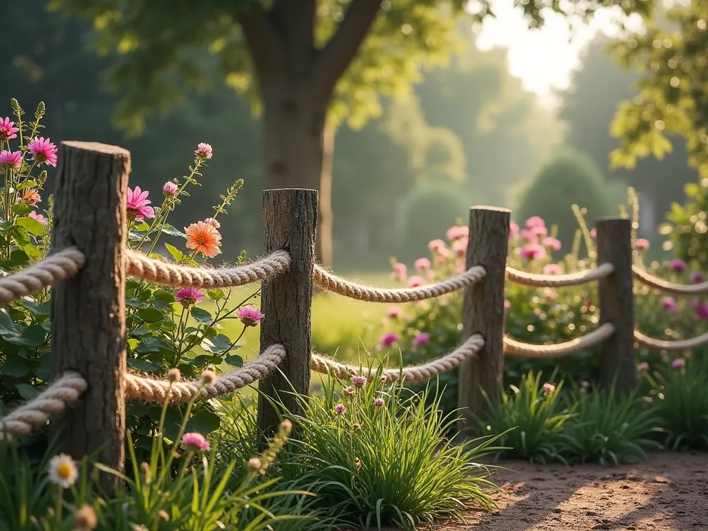 Rustic Log and Hemp Rope Garden Border - A charming garden border featuring weathered wooden logs as posts connected by thick natural hemp rope, creating a rustic fence in a cottage garden setting. The posts are rough and natural, with visible wood grain and bark textures. Soft morning light illuminates wild cottage garden flowers spilling over both sides of the rope border. In the background, dappled sunlight filters through mature trees, creating a whimsical woodland atmosphere. The hemp rope is artfully woven between the logs in a nautical style, with visible knots and natural textures. Photorealistic, high detail, soft natural lighting, 4k.