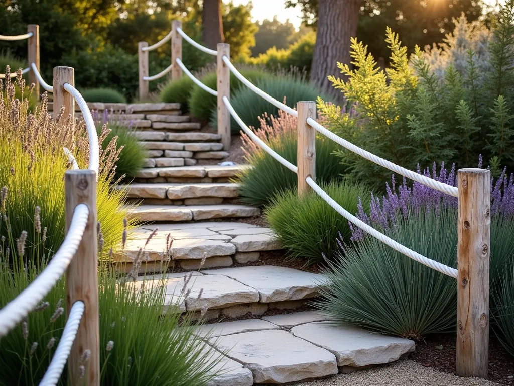 Stepped Rope Terrace with Coastal Garden - A beautifully landscaped terraced garden with white nautical rope fencing following natural stone steps downward. The rope is strung through weathered cedar posts, featuring three horizontal lines of thick marine-grade rope. Coastal grasses and lavender sway in the foreground, while the stepped terrain showcases different levels of Mediterranean plantings. Golden afternoon sunlight casts warm shadows across the natural stone steps, highlighting the rustic texture of the rope barriers. The scene has a cohesive coastal aesthetic with a mix of ornamental grasses, succulents, and flowering perennials cascading down each level.