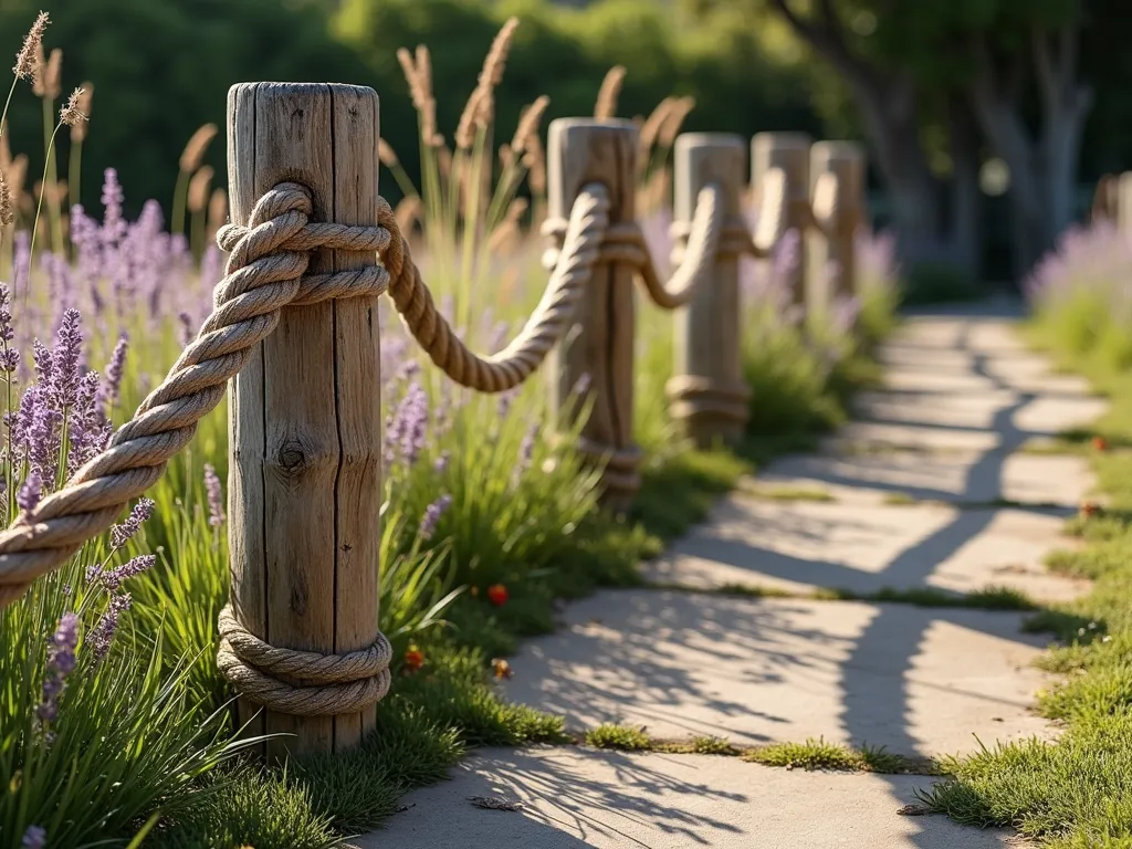 Nautical Twisted Rope Garden Boundary - A charming garden boundary made of three thick manila ropes elegantly twisted together, creating a rustic nautical fence. The twisted ropes are anchored between weathered wooden posts, casting beautiful shadows on a pathway. Coastal grasses and lavender sway gently beside the rope fence. Soft evening light illuminates the natural textures of the rope, highlighting its braided pattern. Photorealistic, high detail, architectural photography style.