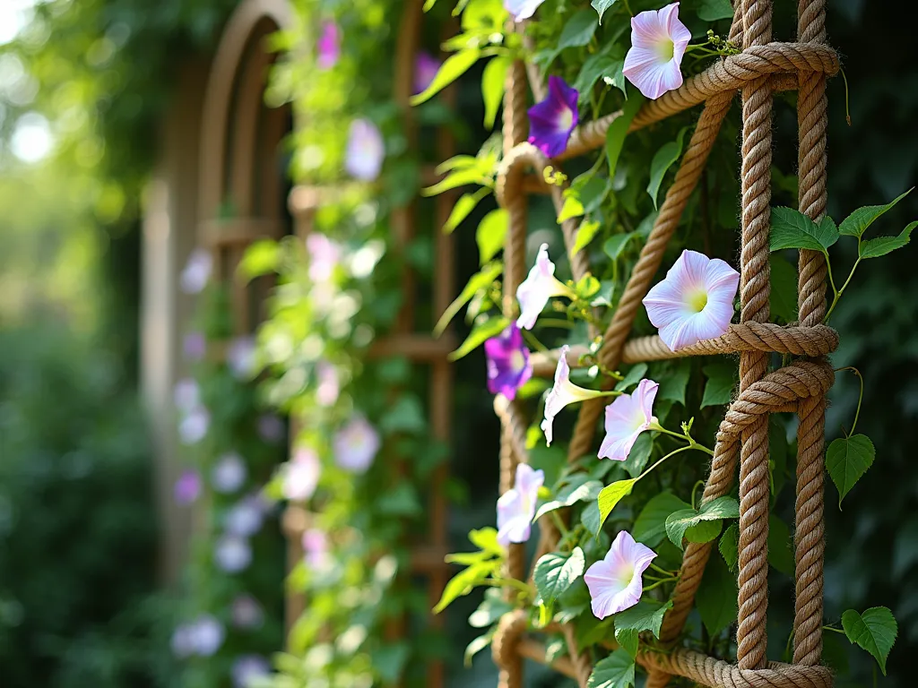 Vertical Garden Rope Trellis with Climbing Plants - A serene garden scene featuring an elegant vertical rope trellis system with natural manila ropes arranged in a geometric pattern, supporting lush climbing plants. Morning glories, jasmine, and climbing roses intertwine gracefully around the ropes, creating a living green wall. Soft natural lighting filters through the foliage, casting gentle shadows. The rope structure appears architectural yet organic, with varying depths of greenery. Photographed in a professional, high-end garden style with subtle bokeh effect in the background.