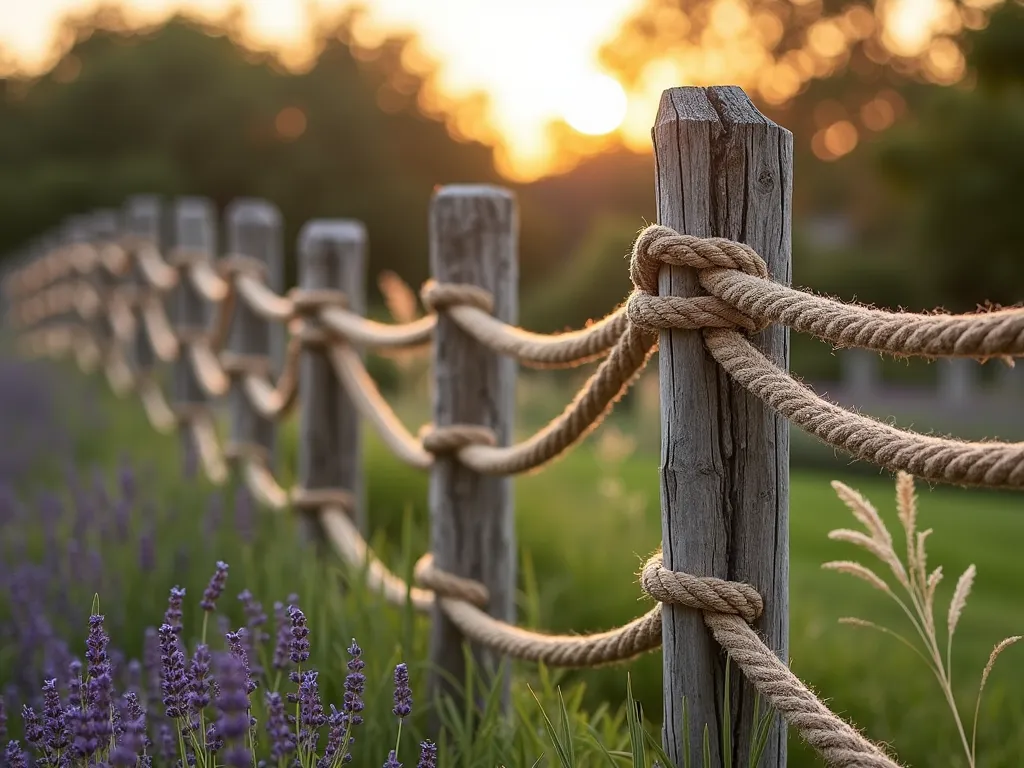 Weathered Nautical Post and Rope Garden Barrier - A beautiful garden fence made of thick weathered wooden posts connected by natural manila rope, photographed during golden hour. The posts show natural aging with a silvery patina, while the thick braided rope maintains a classic maritime aesthetic. Coastal grasses and lavender sway in the foreground, with the fence creating elegant curves through the garden. The rope is professionally knotted between posts in traditional nautical style, creating a sophisticated yet casual barrier. Soft, natural lighting enhances the textures of both wood and rope, cinematic composition, photorealistic.