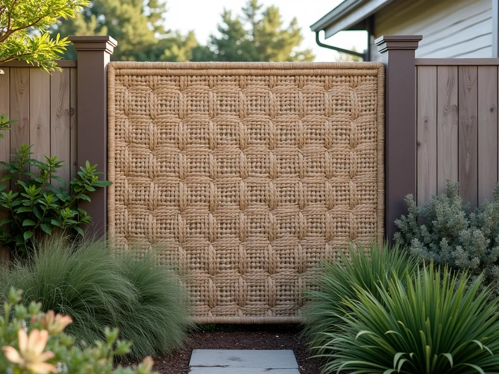 Woven Rope Privacy Panel with Natural Garden Setting - A beautifully crafted outdoor privacy panel made of intricately woven natural manila rope in a sophisticated basket weave pattern, standing 6 feet tall between wooden posts. The panel has a dense, nautical-inspired crosshatch design that provides privacy while allowing gentle filtered light through. Surrounded by flowing ornamental grasses and coastal perennials. The scene is captured in soft natural daylight, highlighting the textural details of the rope weaving. Modern coastal garden design aesthetic with a clean, sophisticated appearance.