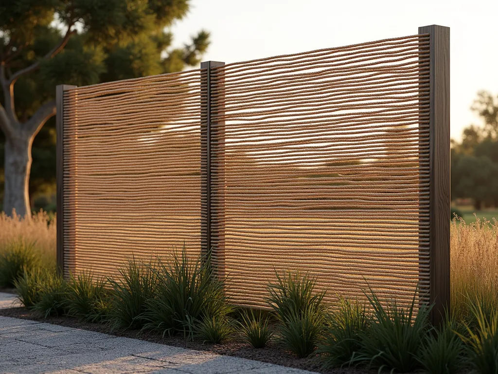 Modern Woven Rope Privacy Screen - A modern garden scene featuring an elegant privacy screen made of multiple horizontal nautical ropes woven between sleek wooden posts. The ropes are tightly arranged in a parallel pattern, creating a semi-transparent barrier that filters sunlight beautifully. Natural light streams through the rope screen, casting intricate shadow patterns on the ground. The screen is bordered by ornamental grasses and coastal plants, photographed during golden hour with soft, warm lighting enhancing the natural textures of the rope. Photorealistic, high-end landscape design, architectural composition.