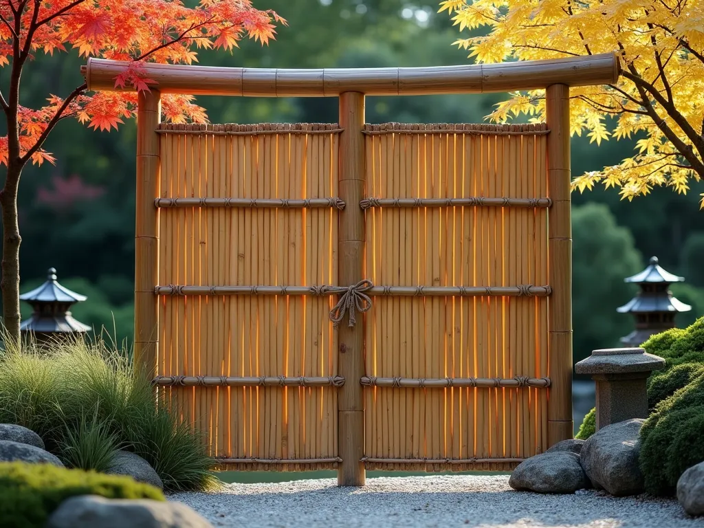 Zen Bamboo and Rope Privacy Screen - A serene Japanese garden scene featuring an elegant privacy screen made of vertical bamboo poles bound together with natural manila rope in a traditional pattern. The bamboo poles are evenly spaced and tied at multiple points with decorative knots. Behind the screen, Japanese maple trees and ornamental grasses create soft shadows. Stone lanterns and moss-covered rocks complete the peaceful meditation garden atmosphere. Shot in soft morning light with a shallow depth of field.