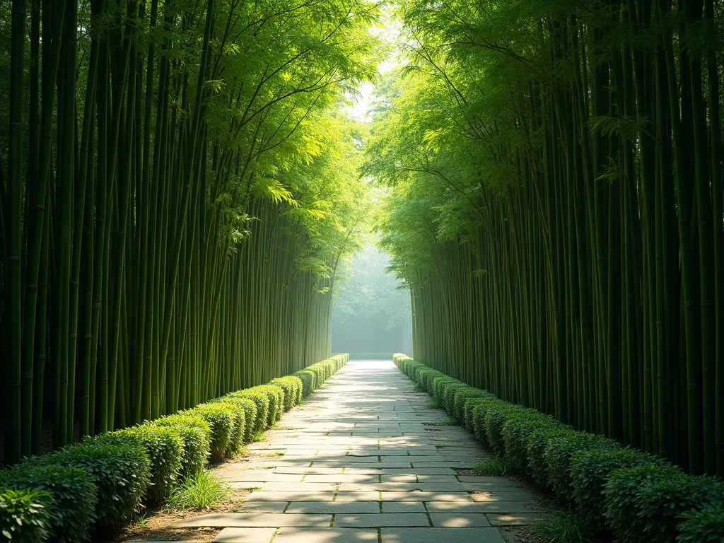 Serene Bamboo Shade Corridor - A tranquil garden pathway with tall, elegant bamboo planted in perfectly parallel rows, creating a natural green archway. Dappled sunlight filters through the dense bamboo leaves, casting beautiful shadows on a natural stone path below. The bamboo stalks rise 15-20 feet high, gently swaying in the breeze, creating a peaceful, zen-like atmosphere. The perspective draws the eye down the shaded corridor, with a subtle atmospheric mist in the distance. Photorealistic, architectural composition, soft natural lighting.