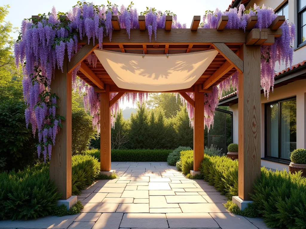 Elegant Cedar Pergola with Climbing Wisteria - A stunning photorealistic garden scene featuring a classic cedar wood pergola with weathered natural finish, bathed in late afternoon sunlight. Purple wisteria vines gracefully cascade down the sturdy beams, creating romantic dappled shadows on the stone patio below. A white retractable canvas canopy is partially extended, providing adjustable shade. The pergola is surrounded by lush garden borders with green foliage. The composition captures the interplay of golden sunlight filtering through the wooden slats and flowering vines, creating an intimate and serene outdoor living space.