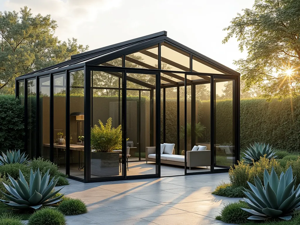 Contemporary Glass Garden House - A sleek, modern glass structure in a garden setting, featuring minimalist steel frames and lightly tinted glass panels. The greenhouse-style building has clean geometric lines and floor-to-ceiling panels, surrounded by lush greenery. Soft natural light filters through the smoky glass, creating elegant shadows on a polished concrete floor. Architectural succulents and modern outdoor furniture visible through the transparent walls. Photorealistic, architectural photography style, golden hour lighting.