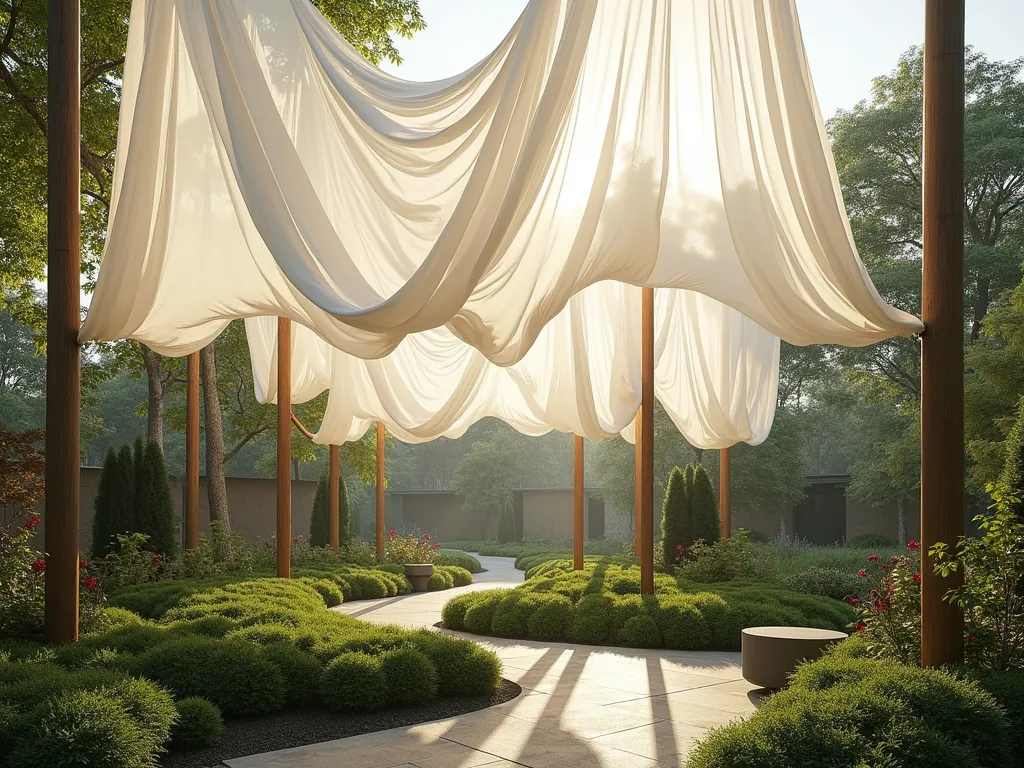 Ethereal Fabric Cloud Garden Canopy - A serene garden scene with ethereal white and cream gossamer fabric panels suspended between tall posts, creating flowing cloud-like formations above a lush garden space. The translucent fabric catches sunlight, casting gentle, dappled shadows on the garden below. The fabric billows softly in gentle waves, creating organic, cloud-like shapes. Modern landscape design with strategic lighting highlights the fabric's ethereal quality, photorealistic, architectural visualization, soft natural lighting, high-end garden design