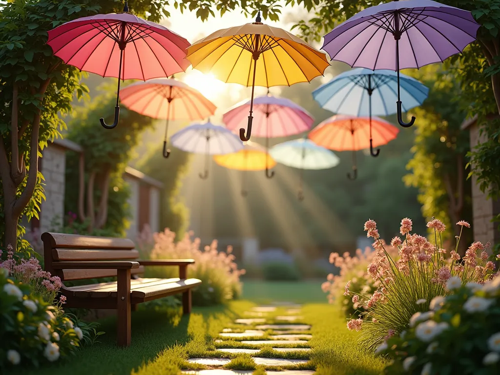 Whimsical Floating Umbrella Garden - A serene garden scene with colorful vintage umbrellas suspended at different heights above a lush garden space, shot during golden hour. The umbrellas cast artistic dappled shadows on the flowering plants below. The umbrellas range from pastel pinks, blues, and yellows to deep purples, creating a dreamy, ethereal atmosphere. Natural sunlight filters through the umbrella canopies, creating a magical play of light and shadow on the garden path below. Flowering perennials and ornamental grasses sway gently in the foreground, with a comfortable wooden bench nestled among them. Photorealistic, cinematic lighting, soft bokeh effect, 4K quality.