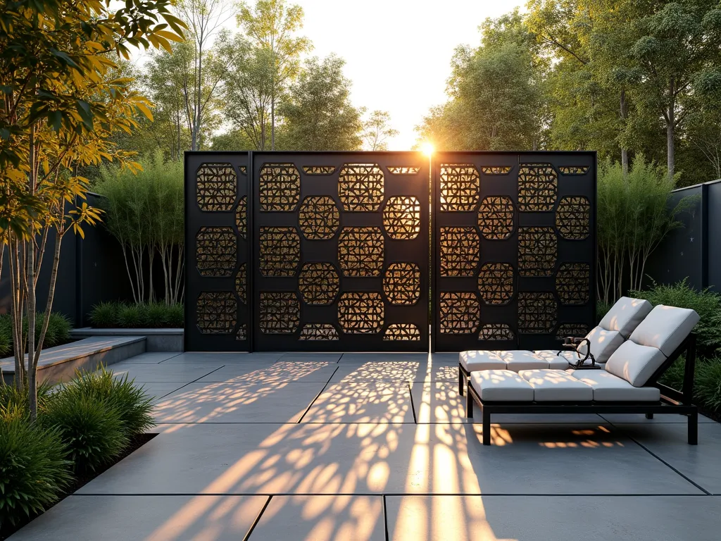 Modern Geometric Shadow Screen in Garden - A stunning modern garden setting with a large decorative metal screen panel featuring intricate laser-cut geometric patterns, casting dramatic dappled shadows on a stone patio. The screen has a dark charcoal finish with hexagonal and triangular cutouts in a contemporary pattern. Soft natural light filters through the screen, creating mesmerizing shadow patterns across the space. Architectural plants like bamboo and modern outdoor furniture complete the sophisticated scene. Shot during golden hour with ethereal lighting.