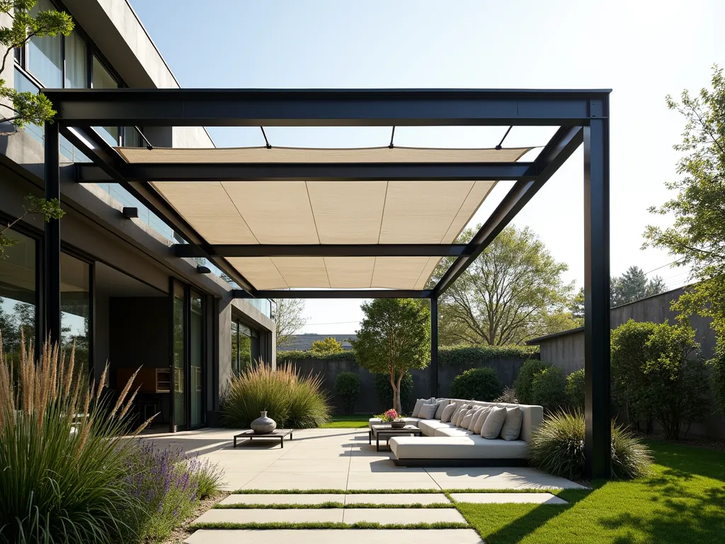 Modern Industrial Steel Frame Garden Canopy - A contemporary garden space featuring a sleek industrial-style steel frame canopy structure, with clean geometric lines and minimalist design. The frame is made of matte black steel beams arranged in a modern grid pattern, supporting stretched white fabric panels that create dappled shade. The structure hovers over a modern seating area with concrete pavers, surrounded by architectural plants and ornamental grasses. Soft afternoon light filters through the canopy, creating interesting shadow patterns below. Shot from a dramatic angle highlighting the structural elements and urban aesthetic.