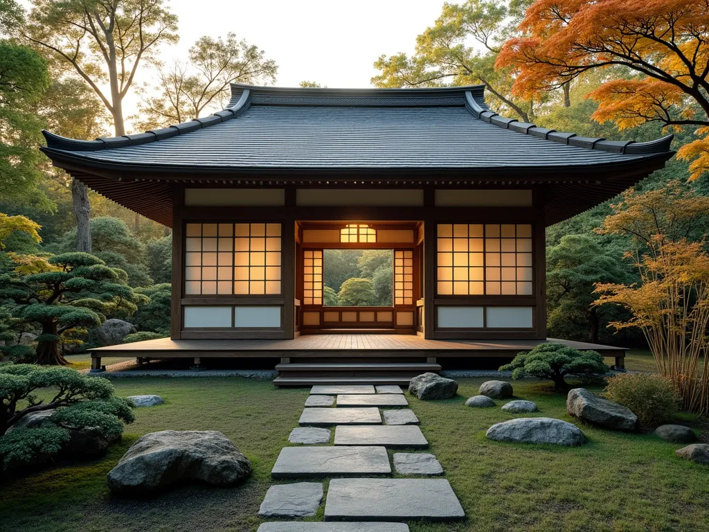 Serene Japanese Tea House Garden Pavilion - A tranquil Japanese tea house pavilion in a manicured garden, featuring traditional extended sloping rooflines with dark wooden beams and translucent shoji panels. The structure is elevated slightly on wooden posts, surrounded by carefully pruned Japanese maples, moss gardens, and smooth stones. Soft natural lighting filters through the panels, creating peaceful shadows. A stone path with stepping stones leads to the entrance, flanked by bamboo and ornamental grasses. Photorealistic, architectural photography style, golden hour lighting.