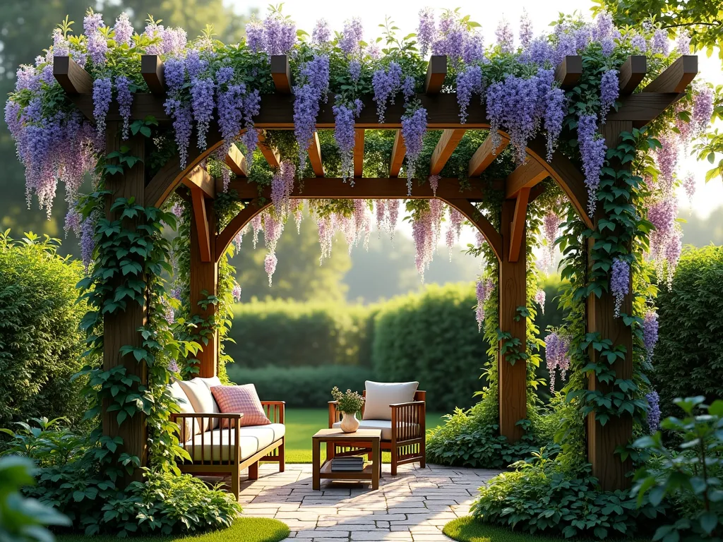 Enchanted Living Wall Pergola - A stunning garden pergola with cascading wisteria and climbing vines creating a dense natural canopy, photographed in soft afternoon light. The wooden structure is completely transformed by lush vertical gardens on the posts, featuring a mix of flowering clematis and deep green foliage. Purple wisteria blooms drape elegantly overhead, while grape vines intertwine naturally through the pergola beams. Below, a cozy seating area is dappled in natural filtered sunlight. The scene has a romantic, cottage garden aesthetic with a modern architectural twist, shot in photorealistic style.