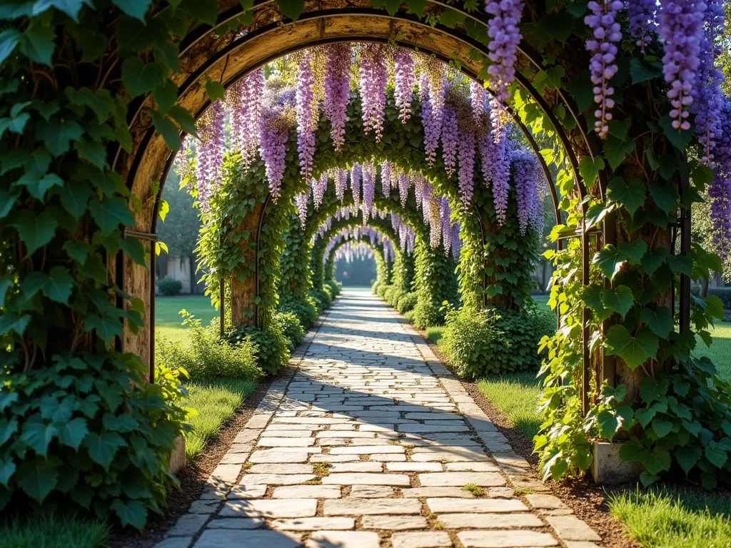 Mediterranean Vine-Covered Archway Path - A serene garden path with elegant curved metal arches forming a tunnel, covered in cascading purple wisteria and green grape vines, creating dappled sunlight on a stone pathway below. Soft Mediterranean afternoon light filters through the foliage, casting intricate shadows. Weathered stone pavers line the ground, with small patches of creeping thyme between them. The archway extends into the distance, creating a romantic, dreamy perspective. Photorealistic, architectural photography style, f/8, golden hour lighting.