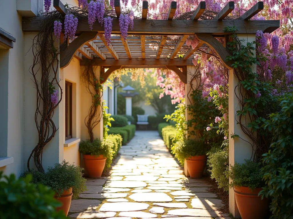 Mediterranean Wooden Trellis Garden Walkway - A sunlit garden walkway with elegant white-painted wooden trellises forming an intimate passage, featuring weathered Mediterranean-style lattice work and a slatted pergola top. Climbing purple wisteria and pink bougainvillea drape gracefully through the structure, creating dappled shadows on the stone path below. The scene is captured during golden hour, with warm sunlight filtering through the vines and wooden slats, creating a romantic, dreamy atmosphere. Terra cotta planters line the walkway, complementing the Mediterranean aesthetic.