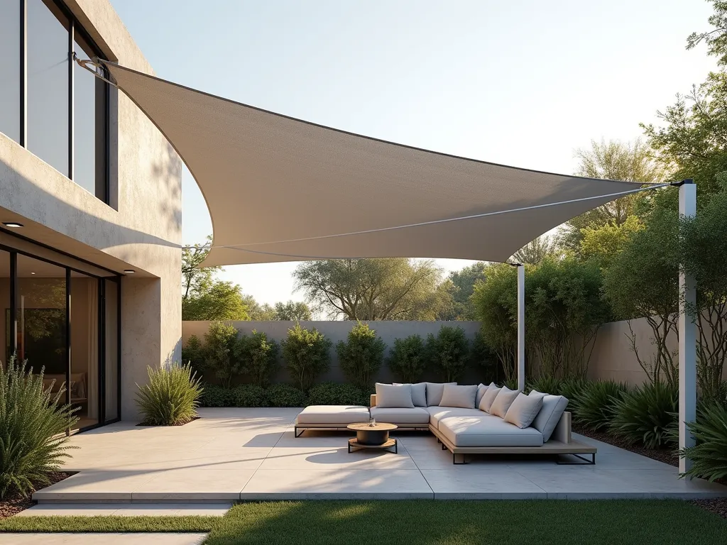 Modern Cable-Supported Retractable Shade System - A modern backyard patio featuring a minimalist cable shade system with clean stainless steel tension cables stretching across white support posts. Light gray retractable fabric panels slide along the cables, creating adjustable shade patterns. The structure casts geometric shadows on a contemporary limestone patio below, where sleek outdoor furniture in neutral tones complements the design. Background shows manicured ornamental grasses and bamboo for added architectural interest, shot during golden hour for dramatic lighting, photorealistic style