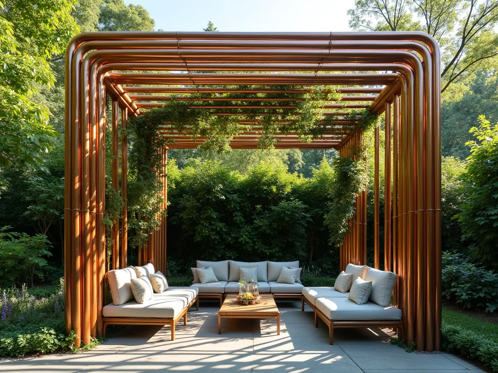 Modern Copper Pipe Garden Pergola - A stunning modern garden pergola constructed from polished copper pipes arranged in a geometric pattern, partially covered in a natural blue-green patina. The structure casts intricate shadow patterns on a stone patio below, while climbing jasmine and wisteria weave through the framework. Soft afternoon sunlight filters through the structure, creating a warm, ethereal atmosphere. The copper framework features clean lines and contemporary design, standing approximately 8 feet tall with architectural precision. Below, comfortable outdoor furniture creates an inviting seating area surrounded by lush greenery.