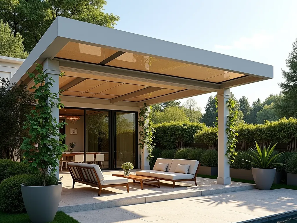 Modern Glass Panel Pergola with Garden Views - A stunning modern pergola with sleek bronze-tinted glass panels atop a contemporary white aluminum frame, casting gentle filtered sunlight onto a luxurious outdoor seating area. The structure features clean architectural lines and minimalist design, surrounded by lush greenery and climbing jasmine. Viewed at a slight angle to showcase both the transparent nature of the panels and their protective qualities, with soft natural light filtering through creating elegant shadow patterns below. The scene is set in a well-maintained garden with modern outdoor furniture and decorative potted plants.