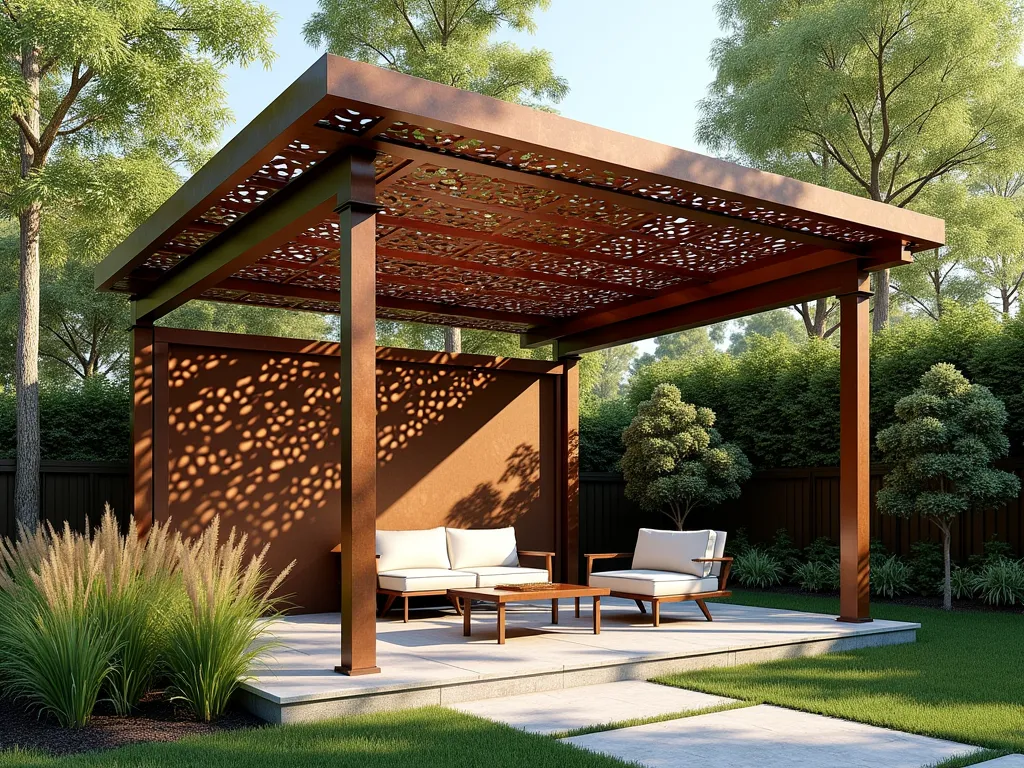 Modern Laser-Cut Metal Pergola with Dancing Shadows - A contemporary garden setting featuring an elegant laser-cut metal panel shade structure with intricate geometric Moroccan-inspired patterns, casting beautiful dappled shadows on a stone patio below. The structure is finished in weathered copper with clean architectural lines. Soft afternoon sunlight filters through the panels creating an artistic display of shadow patterns. Modern outdoor furniture sits beneath, surrounded by ornamental grasses and Japanese maples. Photorealistic, architectural photography style, soft natural lighting.