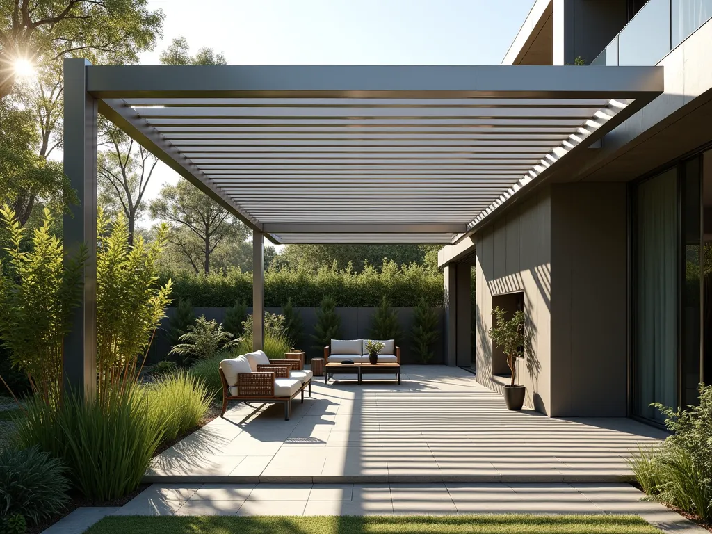 Modern Metal Slat Pergola with Adjustable Louvers - A stunning contemporary garden space featuring a sleek brushed aluminum pergola with adjustable metal slat louvers, casting dramatic geometric shadows on a modern stone patio. The structure has clean architectural lines and a minimalist industrial design, surrounded by architectural plants and modern outdoor furniture. Soft afternoon light filters through the angled metal slats, creating a sophisticated outdoor living space with a high-end contemporary aesthetic. The metallic finish gleams in the sunlight, while tall ornamental grasses and bamboo provide natural contrast to the industrial elements.