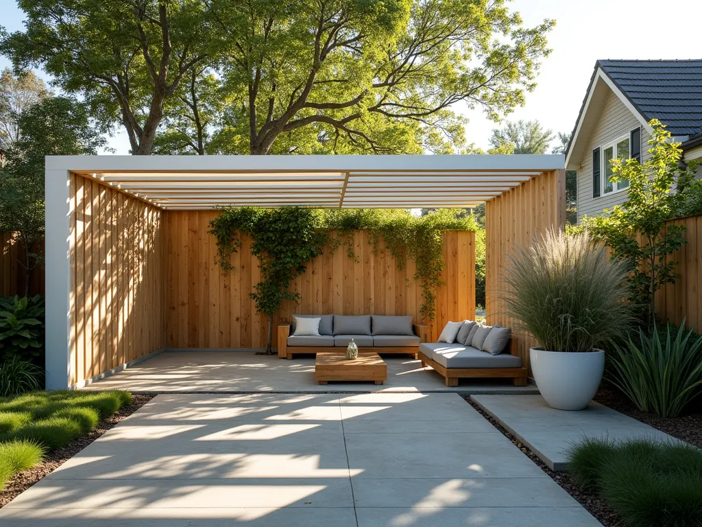 Modern Geometric Panel Shade System - A contemporary garden setting featuring an elegant modular panel system with overlapping geometric panels in light wood and white powder-coated aluminum. The panels are arranged in a dynamic pattern creating dappled shadows on a stone patio below. Modern outdoor furniture sits beneath, while climbing jasmine weaves through selected panels. The late afternoon sun filters through the panels creating an artistic interplay of light and shadow. Clean architectural lines are softened by strategic plantings of ornamental grasses and Japanese maples in large contemporary planters.