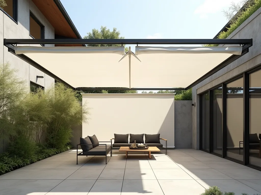 Modern Sliding Canvas Garden Shade - A contemporary backyard patio space with sleek overhead metal tracks supporting elegant white canvas panels that slide horizontally, casting dynamic shadows on a modern stone patio. The space features minimalist outdoor furniture, with tall ornamental grasses and bamboo providing a natural backdrop. Soft afternoon sunlight filters through the partially overlapped canvas panels, creating an artistic interplay of light and shadow. The overall composition emphasizes clean lines and architectural elements with a zen-like atmosphere.