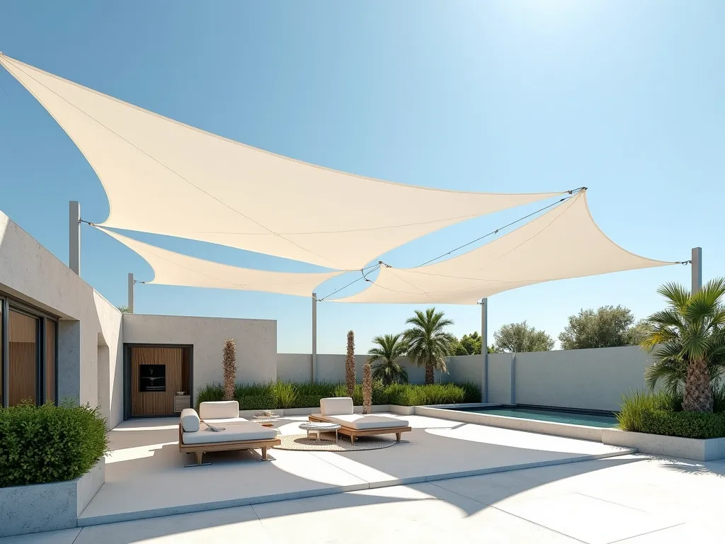 Modern Triangular Sail Shade Garden - A contemporary garden setting featuring overlapping white triangular sail shades creating dynamic geometric patterns of light and shadow. The modern architectural installation floats above a sleek patio space with minimalist outdoor furniture. Clean lines and tensioned fabric create an elegant sculptural effect against a blue sky. The space includes modern planters with architectural plants and a water feature, all photographed in natural daylight with soft shadows casting interesting patterns on the ground, photorealistic, 4k, architectural photography style