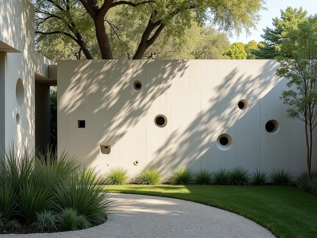 Modern Concrete Garden Wall with Dynamic Shadow Play - A stunning modernist garden featuring a tall, minimalist concrete wall with geometric cutouts casting dramatic shadows on a lush garden path. The wall has a smooth, light gray finish with artfully arranged circular and rectangular perforations. Soft afternoon sunlight streams through the cutouts, creating an intricate pattern of shadows on the ground. Low-maintenance ornamental grasses and architectural plants frame the base of the wall, while a sleek gravel pathway leads through the space. The scene has a contemporary, sculptural quality with clean lines and a peaceful ambiance.