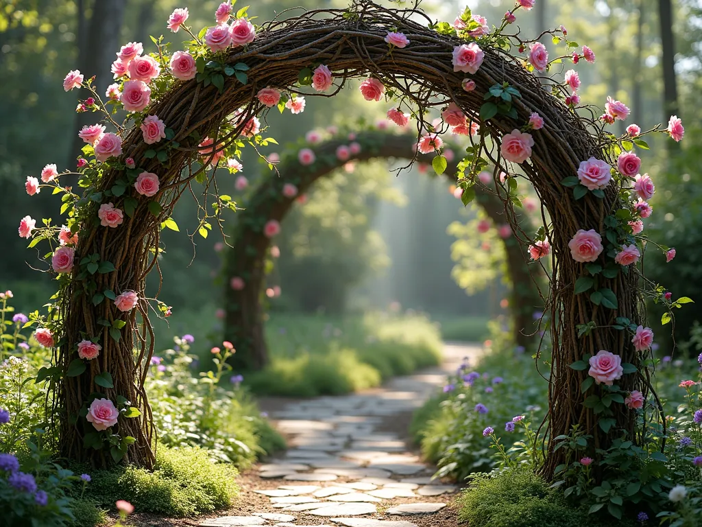 Enchanted Rustic Branch Arbor - A magical garden arbor crafted from intertwined natural branches and weathered twigs, forming a whimsical arch structure in a woodland garden setting. Pink climbing roses and purple clematis gracefully weave through the branches, creating a romantic, dappled shade. Soft afternoon sunlight filters through the organic structure, casting intricate shadows on a natural stone pathway below. The arbor has a natural, untamed aesthetic with moss-covered branches and small wild flowers at its base, photographed in a dreamy, ethereal style