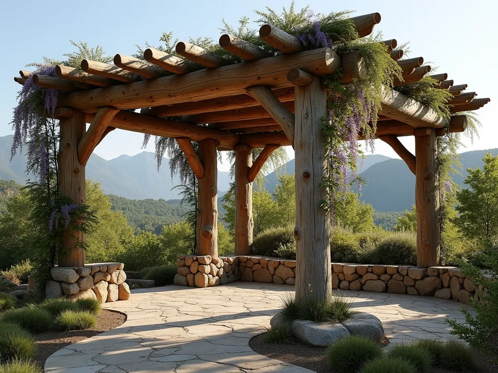 Mountain Lodge Rustic Log Pergola - A stunning rustic log pergola in a garden setting, constructed from natural weathered cedar logs and rough-hewn timber beams. The structure features thick support posts and cross beams with visible wood grain and knots, creating dappled shade over a stone patio. Climbing wisteria gracefully drapes over the pergola, with mountains visible in the background. The scene is captured in warm, natural lighting, emphasizing the rugged beauty of the wooden structure. Photorealistic, architectural photography style.