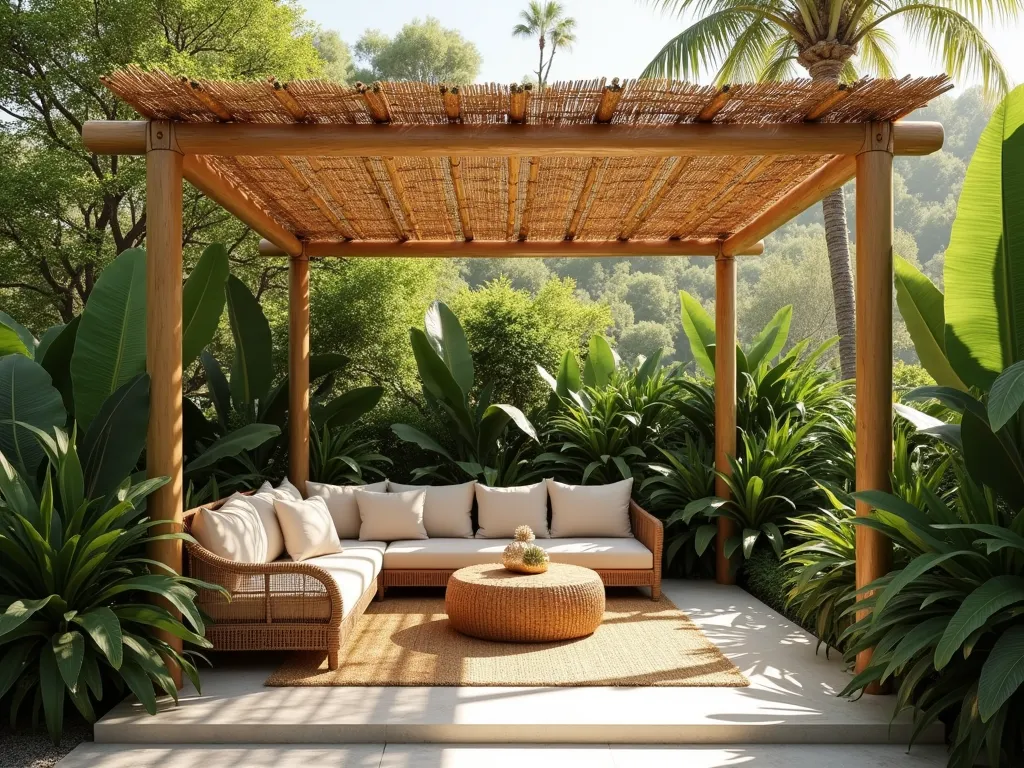 Tropical Bamboo Reed Garden Canopy - A serene outdoor garden space with a natural bamboo pole pergola structure overhead, covered with woven reed matting casting dappled shadows below. The canopy extends over a cozy seating area surrounded by lush tropical plants and ferns. Sunlight filters through the reed matting creating a warm, resort-like atmosphere. Photorealistic, architectural photography style, soft natural lighting, 4k, highly detailed.