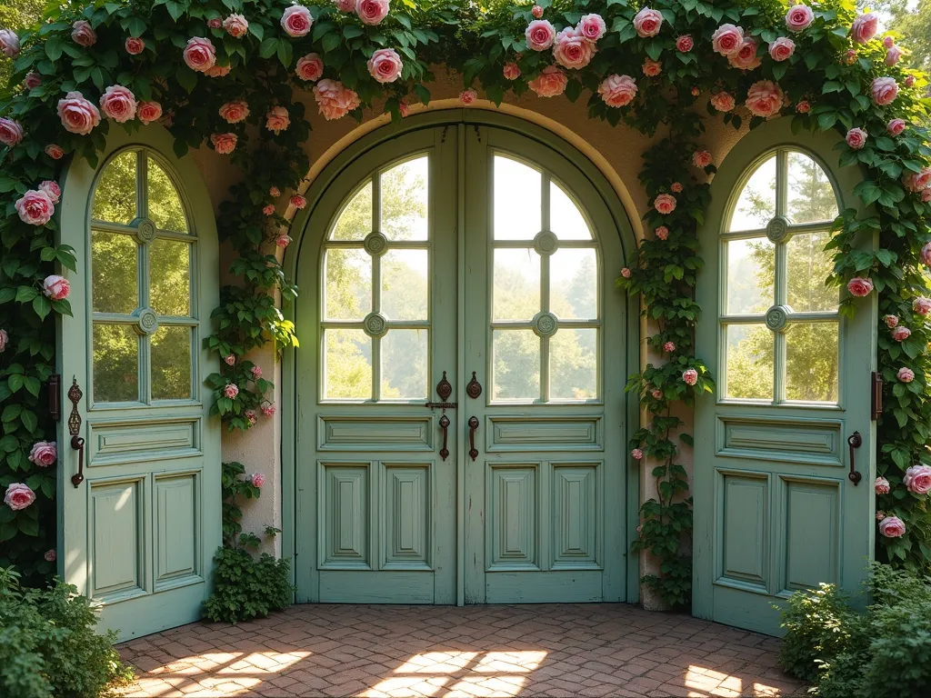 Vintage Door Garden Arbor with Climbing Roses - A whimsical garden arbor made from four salvaged vintage wooden doors painted in weathered sage green and antique white, arranged in a tunnel formation. Lush climbing roses and wisteria intertwine through the door frames, creating dappled shade on a rustic brick pathway below. Soft afternoon sunlight filters through the doors' original window panes, casting romantic shadows. The doors feature ornate Victorian-era details, with the surrounding garden appearing lush and cottage-style. Photorealistic, high-end architectural photography style.