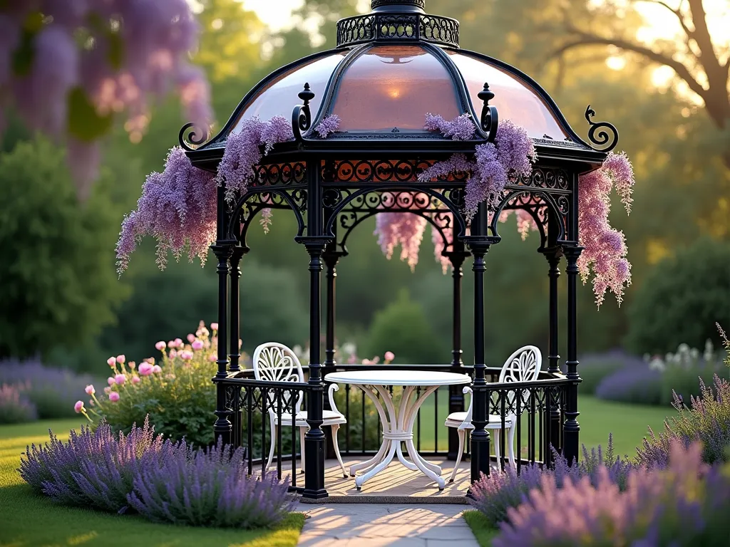 Elegant Victorian Iron Gazebo in Garden - A romantic Victorian-style wrought iron gazebo in a lush garden setting, featuring intricate black scrollwork, ornate spandrels, and a solid copper-tinted dome roof. The gazebo houses an elegant vintage-style white wrought iron table and chairs set. Cascading purple wisteria drapes gracefully around the structure while English roses and lavender border its base. Soft evening lighting casts intricate shadow patterns through the detailed metalwork. Photorealistic, architectural detail, golden hour lighting, f/2.8 depth of field.